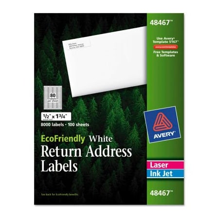 Avery Address Label, 1/2" Label W, 80 Labels per Sheet White 48467
